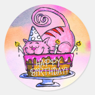 Sticker Rond Chat drôle Joyeux gâteau d'anniversaire et bougies