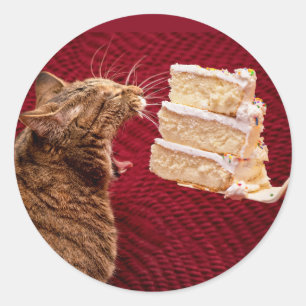 Sticker Rond Chat drôle mangeant un grand morceau de gâteau