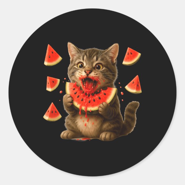 Sticker Rond Chat drôle mangeant une tranche de pastèque Jour d (Devant)