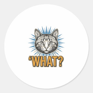 Sticker Rond Chat drôle 'QUOI_' Gravure vintage graphique Tee_1