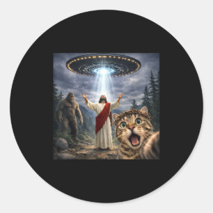 Sticker Rond Chat drôle selfie avec bigfoot ufo et Jésus Pâques