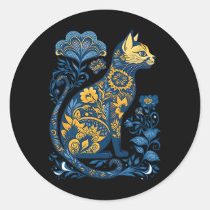 Sticker Rond Chat d'Ukraine Floral Vintage Drapeau ukrainien et