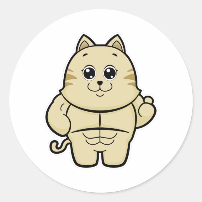 Sticker Rond Chat en Bodybuilder avec Six pack (Devant)