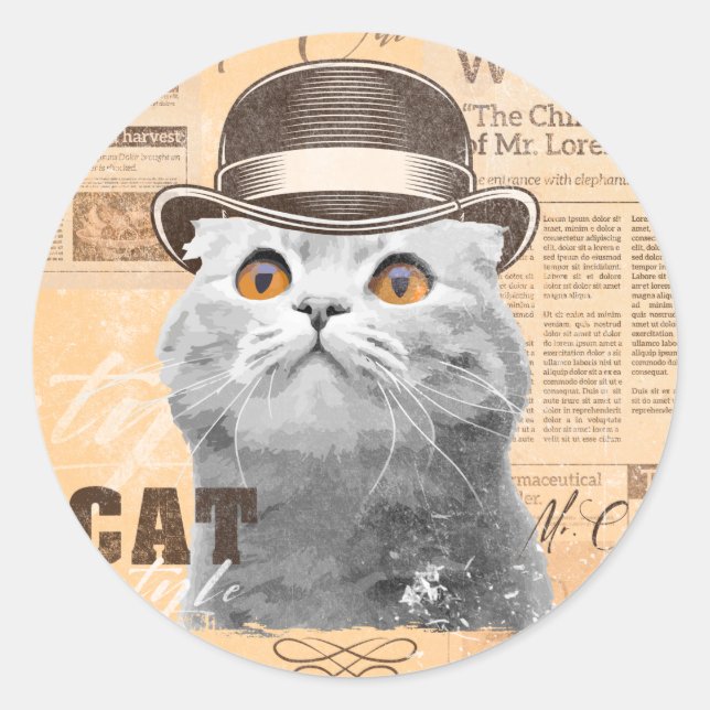 Sticker Rond Chat en casquette, vieux journal classique, vintag (Devant)