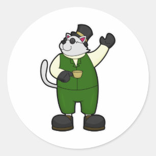 Sticker Rond Chat en chambre avec café et Casquette