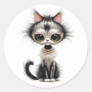 Sticker Rond Chat En Dessin Avec Collier En Perle