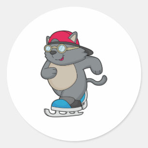 Sticker Rond Chat en patinage sur glace avec patins sur glace