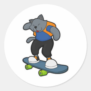 Sticker Rond Chat en Skateboard avec Skateboard