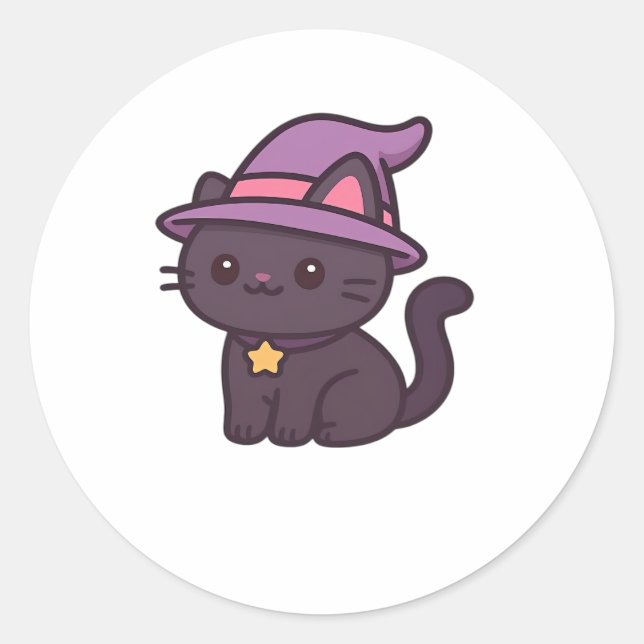 Sticker Rond Chat en sorcière Kawaii en T-shirt classique Casqu (Devant)