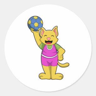 Sticker Rond Chat en tant que joueur de handball avec Handball