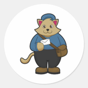 Sticker Rond Chat en tant que Postman avec Enveloppe & Sac