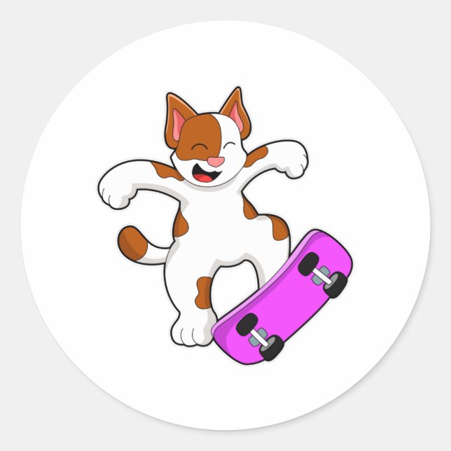 Sticker Rond Chat en tant que skate avec skateboard (Devant)