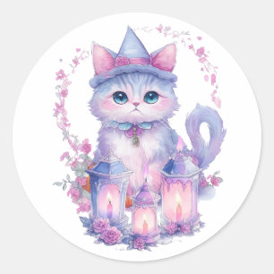 Sticker Rond Chat et bougies Halloween