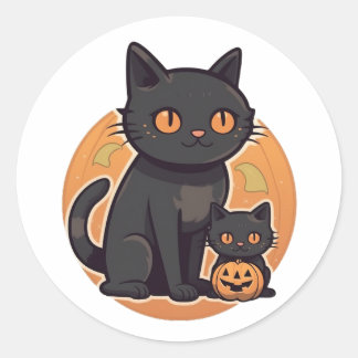 Sticker Rond Chat et chaton noir Halloween