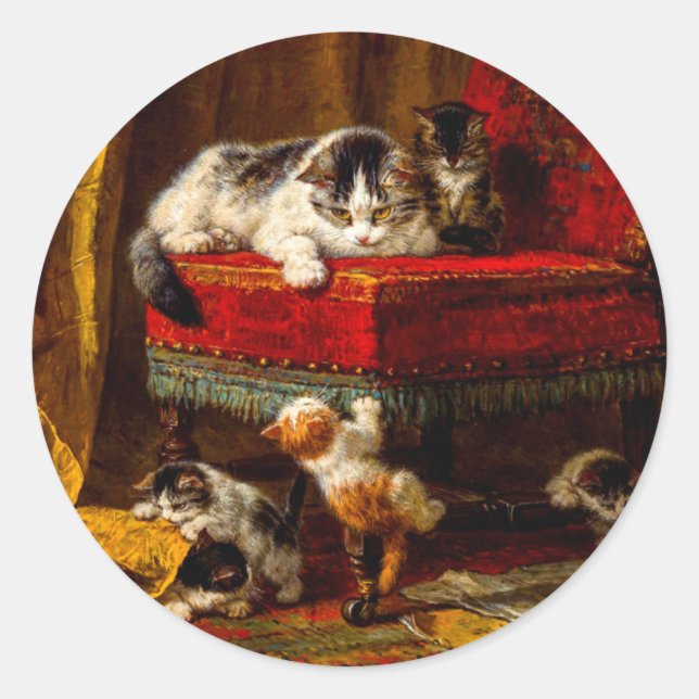 Sticker Rond Chat et chatons Jouer avec chaise (Devant)