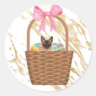 Sticker Rond Chat et oeufs de Pâques dans un panier de Pâques