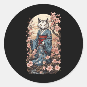 Sticker Rond Chat Fantôme Avec Kimono Japonais Yokai Folklore D