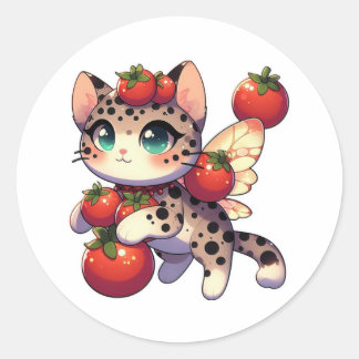 Sticker Rond Chat fée mignonne avec tomates