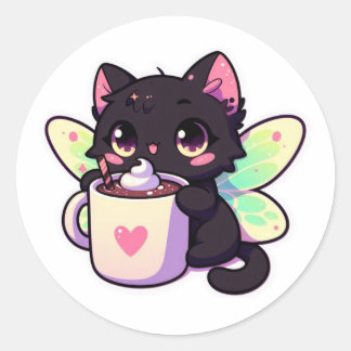 Sticker Rond Chat fée mignonne buvant du chocolat chaud