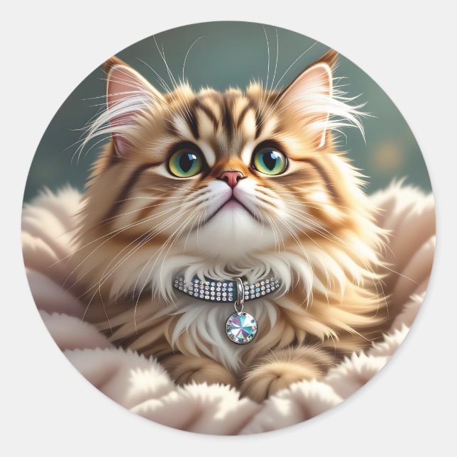 Sticker Rond Chat Fluffy Mignon | Blanc (Devant)