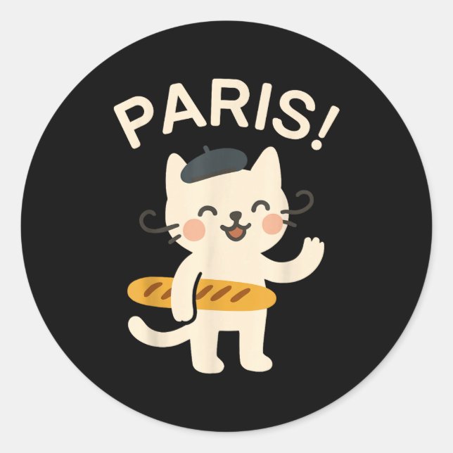 Sticker Rond Chat Français Avec Baguette Chat Mignon Paris Anim (Devant)