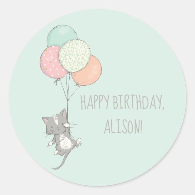 Sticker Rond Chat gris doux avec ballons fête d'anniversaire (Devant)