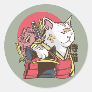 Sticker Rond Chat guerrier samouraï