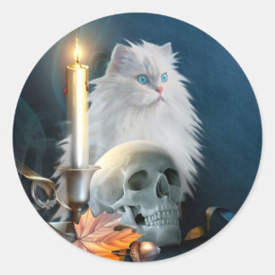 Sticker Rond Chat Halloween blanc