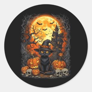 Sticker Rond Chat Halloween Citrouille Noir