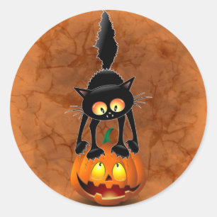 Sticker Rond Chat Halloween personnage de dessin effrayé debout