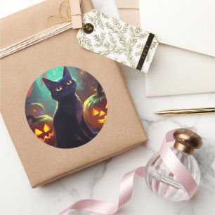 Sticker Rond Chat Halloween Tuxedo Avec Peur Citrouille