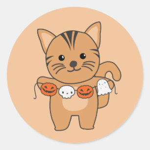 Sticker Rond Chat Happy Halloween Citrouille Chat Costume class