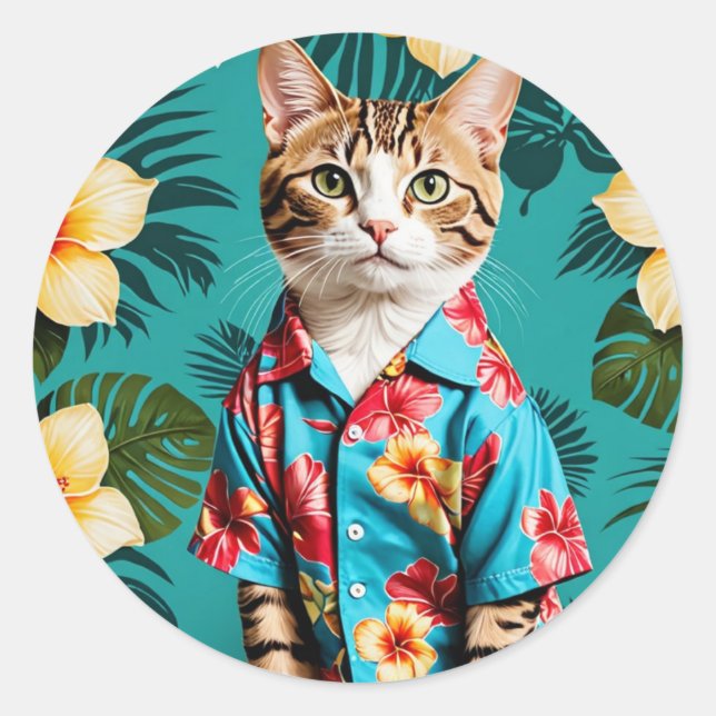 Sticker Rond Chat Hawaiian Sticker, amoureux des chats (Devant)