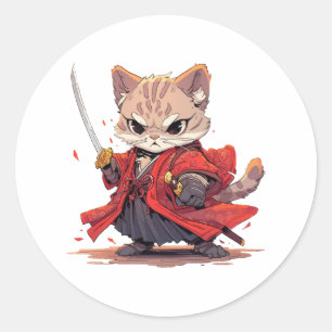Sticker Rond Chat héros de style samouraï en colère