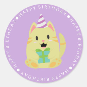 Sticker Rond Chat jaune mignon Joyeux Anniversaire