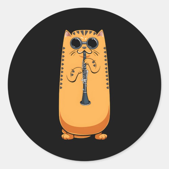 Sticker Rond Chat Jouant Le Hippy Hippy Clarinet Hipster Kitty  (Devant)