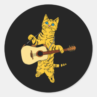 Sticker Rond Chat Jouer Acoustique Guitare Cool Musicien