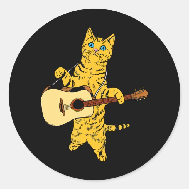 Sticker Rond Chat Jouer Acoustique Guitare Cool Musicien (Devant)
