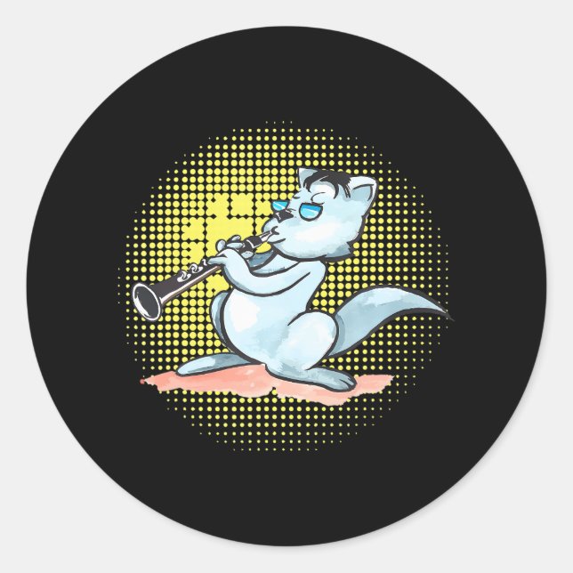 Sticker Rond Chat Jouer Clarinet Cool Musicien Marching Band (Devant)