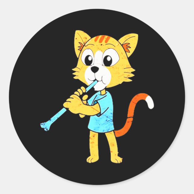 Sticker Rond Chat Jouer Clarinet Funny Musicien (Devant)