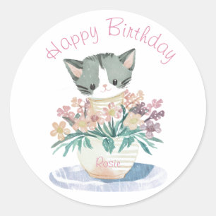 Sticker Rond Chat Jouer Dans Les Fleurs   Filles Anniversaire N