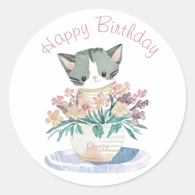 Sticker Rond Chat Jouer Dans Les Fleurs | Filles Anniversaire N (Devant)
