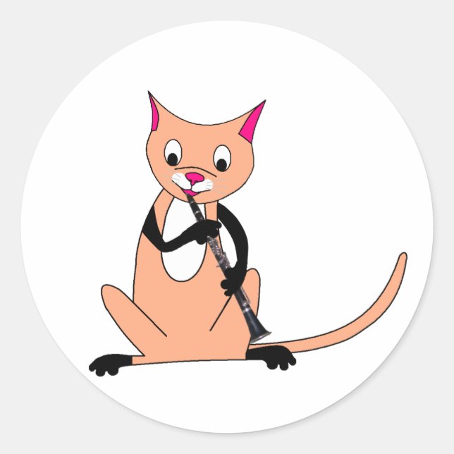 Sticker Rond Chat Jouer la Clarinette (Devant)