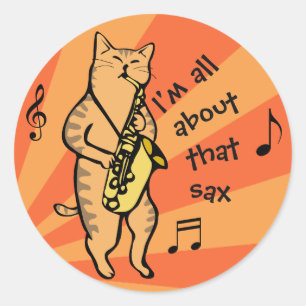 Sticker Rond Chat Jouer Saxophone