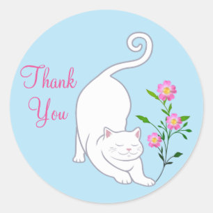 Sticker Rond Chat kitty blanc mignon avec Merci de fleurs