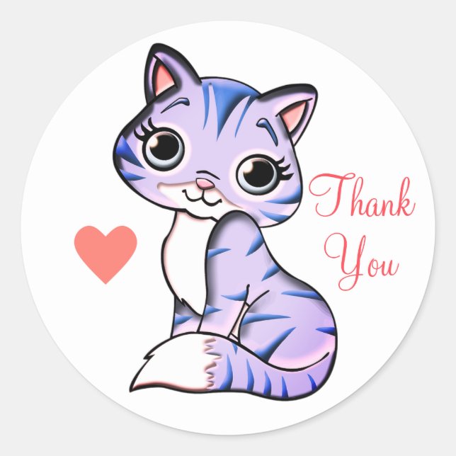 Sticker Rond Chat kitty mignon avec Merci du coeur (Devant)