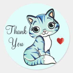 Sticker Rond Chat kitty mignon avec Merci du coeur sur Bleu cla