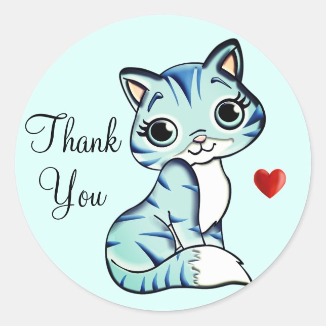 Sticker Rond Chat kitty mignon avec Merci du coeur sur Bleu cla (Devant)