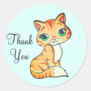 Sticker Rond Chat kitty mignon avec Merci du coeur sur Bleu cla