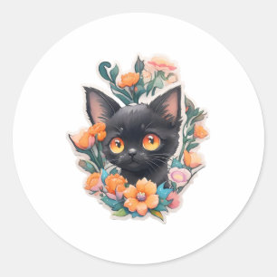 Sticker Rond Chat Kitty noir Kitten Neko